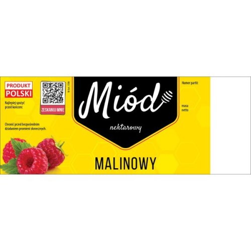 paczka duzych etykiet na miod malinowy 100szt wzor e186 z kodem QR