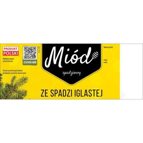paczka duzych etykiet na miod spadziowy ze spadzi iglastej 100szt wzor e189 z kodem QR