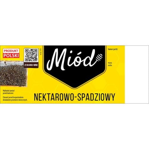 Paczka duzych etykiet na miod nektarowo spadziowy 100szt wzor e191 z kodem QR
